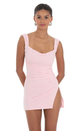 Tulle Back Bow Ruched Bodycon Dress in Pink