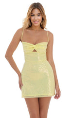 Sequin Front Twist Bodycon Dress in Yellow