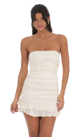 Strapless Satin Ruched Bodycon Dress in Ivory