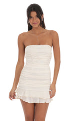 Strapless Satin Ruched Bodycon Dress in Ivory