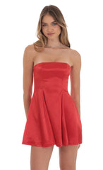 Strapless Satin Fit and Flare Dress in Red