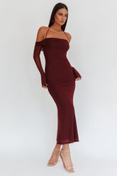 Numbers Game Off-Shoulder Halter Maxi Dress Chocolate