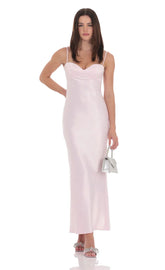 Satin Back Tie Maxi Dress in Pink
