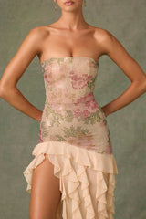 Embellished Ruffle-Trim Strapless Gown in Rose Hotfix