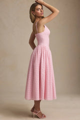 Broderie Anglaise Bow-Detail A-Line Midaxi Dress in Soft Pink