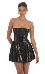 Sequin Strapless Fit and Flare Dress in Black