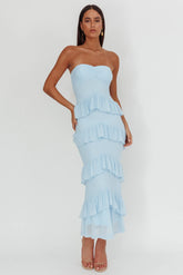 Dulce Dreams Sweetheart Neckline Frill Maxi Dress Blue