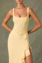 Embellished Ruffle-Trim Corset Gown in Yellow
