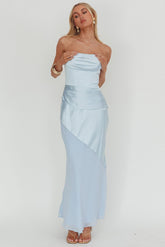 Moon Aura Pleat Detail Strapless Maxi Dress Blue