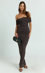 Caterina Maxi Ruched Off Shoulder Mesh Dress in Chocolate
