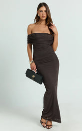 Caterina Maxi Ruched Off Shoulder Mesh Dress in Chocolate