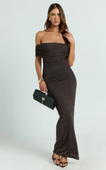 Caterina Maxi Ruched Off Shoulder Mesh Dress in Chocolate