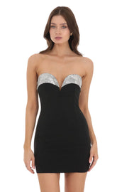 Silver Sequin Strapless Dress in Black