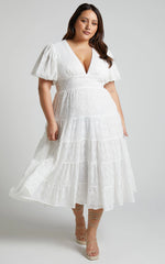 Divora Midi Dress - Plunge Balloon Sleeve Tiered Dress in Ivory