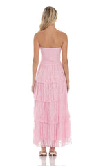 Lace Ruched Ruffle Maxi Dress in Pink