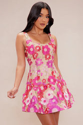 Flora Embroidered Mini Dress - Fuchsia/combo