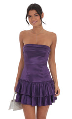 Satin Strapless Ruffle Dress in Purple