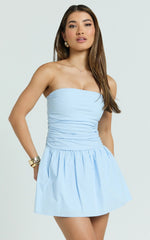 Donatella Mini Dress Strapless Drop Waist Dress in Blue