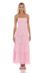 Lace Ruched Ruffle Maxi Dress in Pink