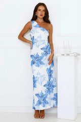 Blueberry Breeze One Shoulder Mesh Maxi Dress Blue