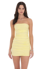 Strapless Ruched Bodycon Dress in Yellow