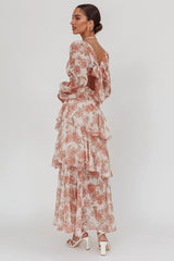 Veda Long Sleeve Floral Tiered Ruffle Maxi Dress Peach