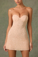Embellished Sweetheart-Neck A-Line Mini Dress in Apricot