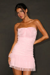 Picture-Perfect Persona Light Pink Mesh Bow Ruched Mini Dress