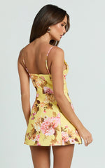 Marianna Mini Dress Floral Print V Neck Fit and Flare Dress in Yellow