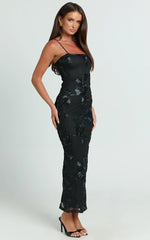 Mina Midi Dress Embroidered Mesh Dress in Black