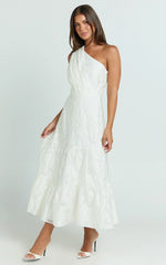 Nadette Midi Dress One Shoulder Pleated Tiered Dress in White