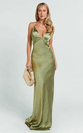 Quincy Maxi Dress Satin Slip Dress in Olive