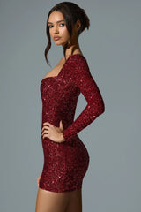 Sephina Embellished Sweetheart-Neck Mini Dress in Red