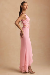 Embellished Plunge Ruffled Corset Maxi Dress in Pink