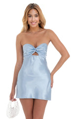 Satin Strapless Twist Cutout Dress in Light Blue