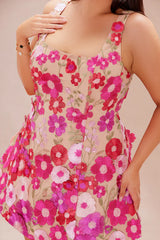 Flora Embroidered Mini Dress - Fuchsia/combo