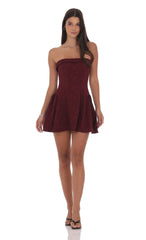 Jacquard Strapless Flare Dress in Burgundy