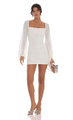 Sequin Balloon Sleeve Dress in White