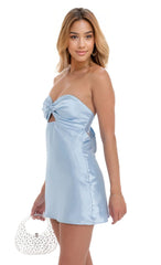 Satin Strapless Twist Cutout Dress in Light Blue