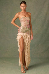 Embellished Ruffle-Trim Strapless Gown in Rose Hotfix