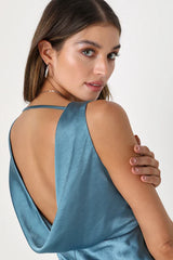 Incredible Love Slate Blue Satin Cowl Back Midi Slip Dress