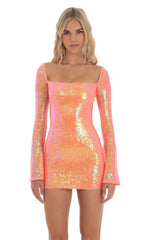 Iridescent Sequin Long Sleeve Dress in Orange