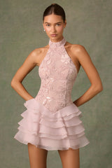 Embellished Ruffled Halterneck Mini Dress in Dusty Rose