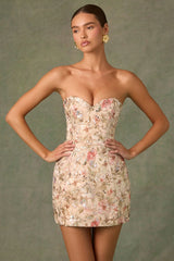 Embellished Strapless A-Line Mini Dress in Floral Beige
