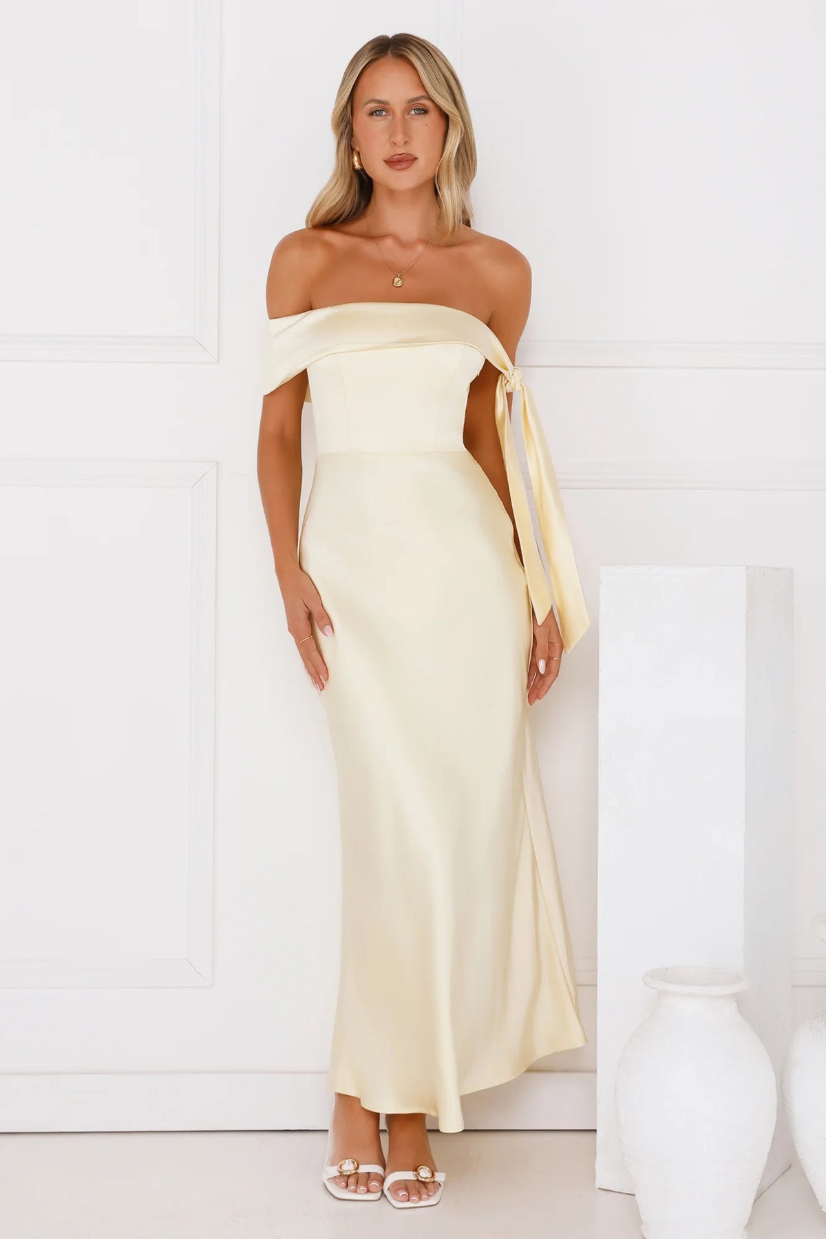 The Hype Off Shoulder Satin Midi Dress