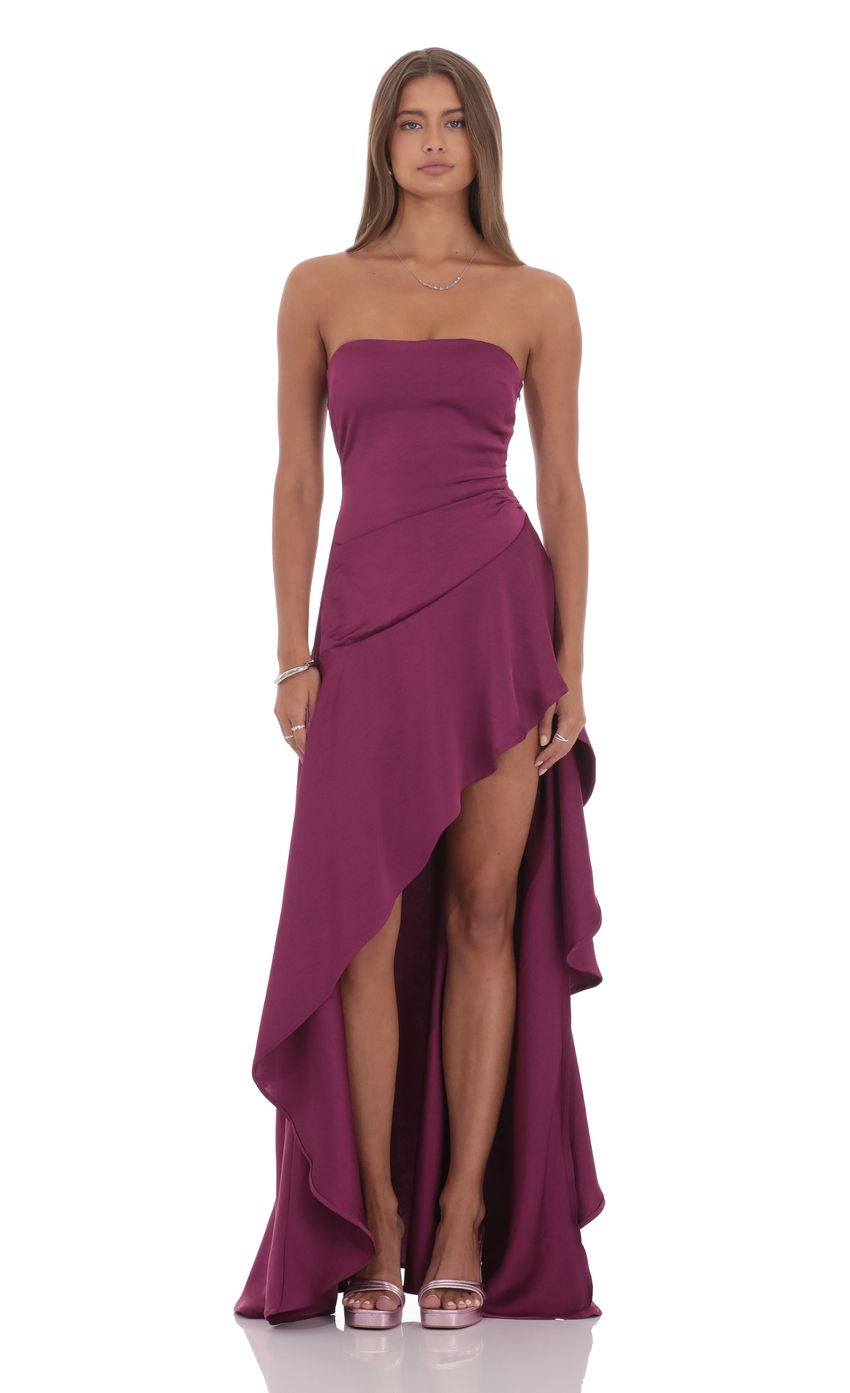 Satin High Low Maxi Dress in Plum