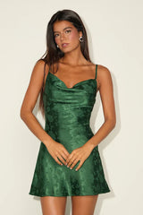 Close to Your Heart Emerald Green Satin Jacquard Cowl Slip Dress