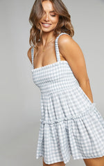Wilda Mini Dress - Shirred Tiered Dress in Light Blue Gingham
