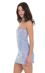 Iridescent Sequin Strapless Bodycon Dress in Blue