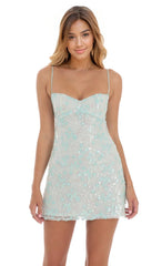 Sequin Embroidered Babydoll Dress in Seafoam